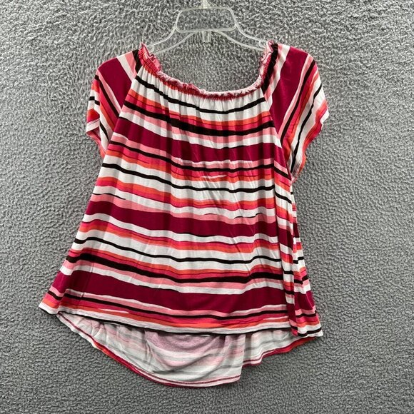 Lane Bryant Women Top 14/16 Red Pink Stripe Pullover Short Sleeves Shirt Stretch - Picture 2 of 7
